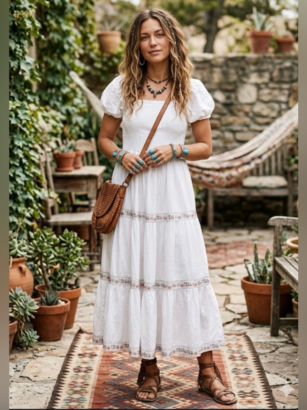 Rachel Zoe White Embroidered Maxi Dress with Puff Sleeves